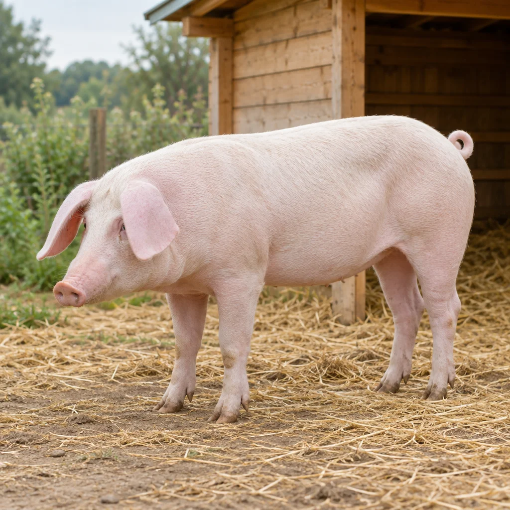 Un porc blanc aux oreilles tombantes se tient sur de la paille devant un abri en bois.
