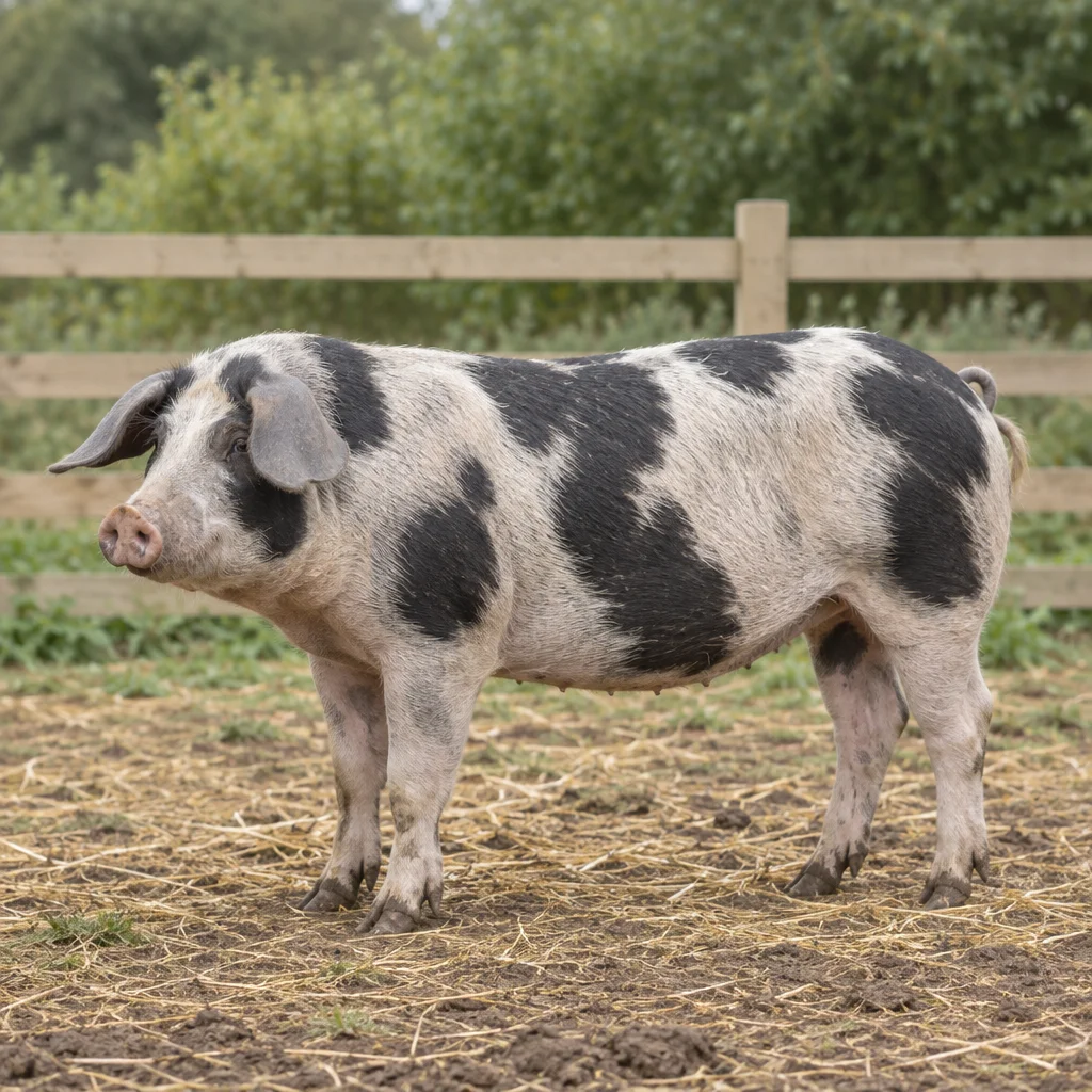 Un cochon noir et blanc tacheté, aux oreilles tombantes, est visible en entier sur de la paille et de la terre, devant une clôture en bois.