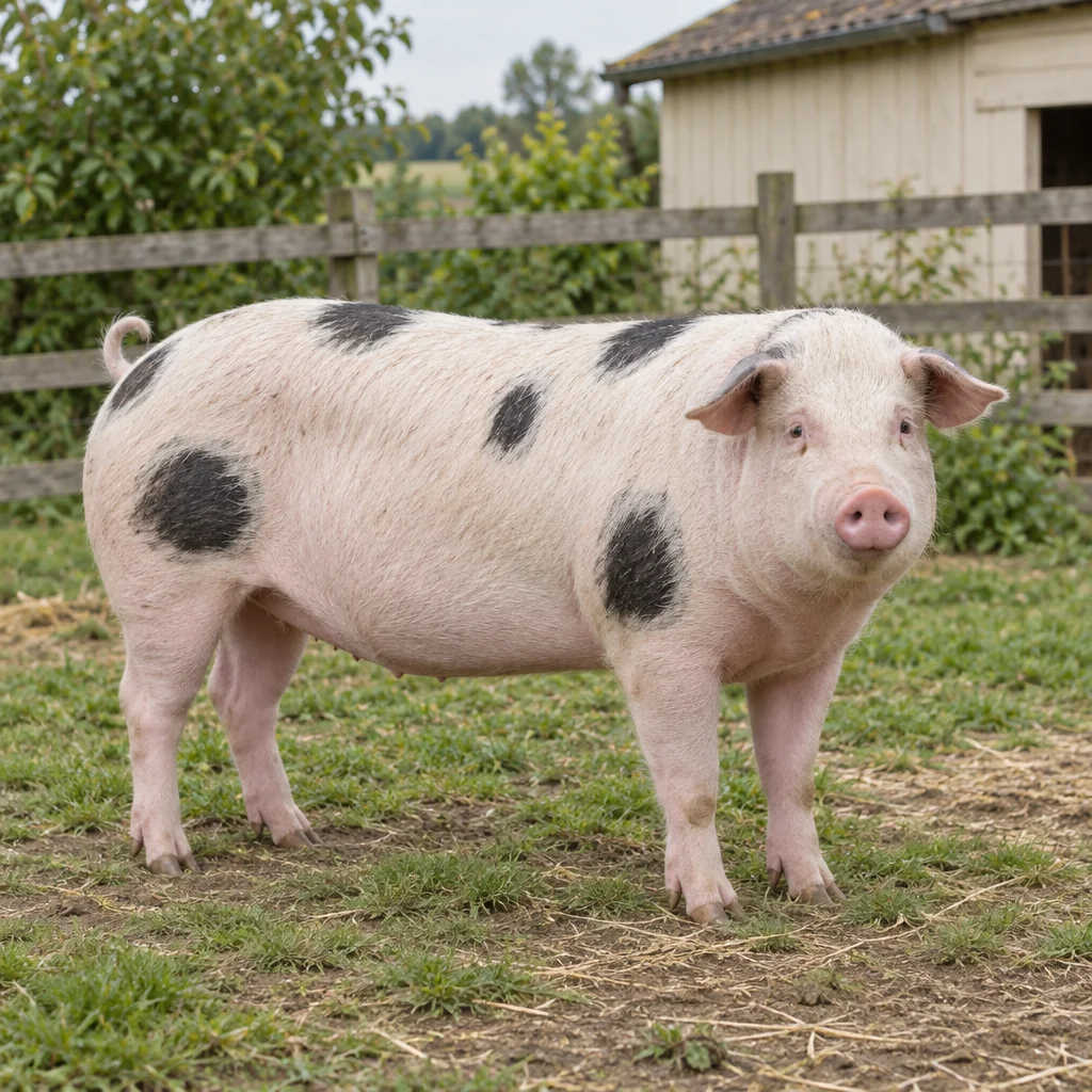 Un porc blanc avec des taches noires rondes se tient près d’une clôture en bois, ses quatre pattes visibles.