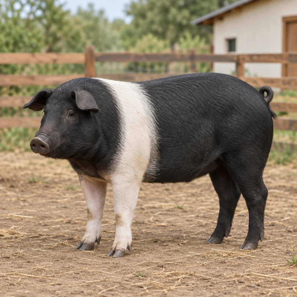 Un porc noir avec une bande blanche sur les épaules et les membres antérieurs se tient dans une cour, avec une clôture en bois au fond.