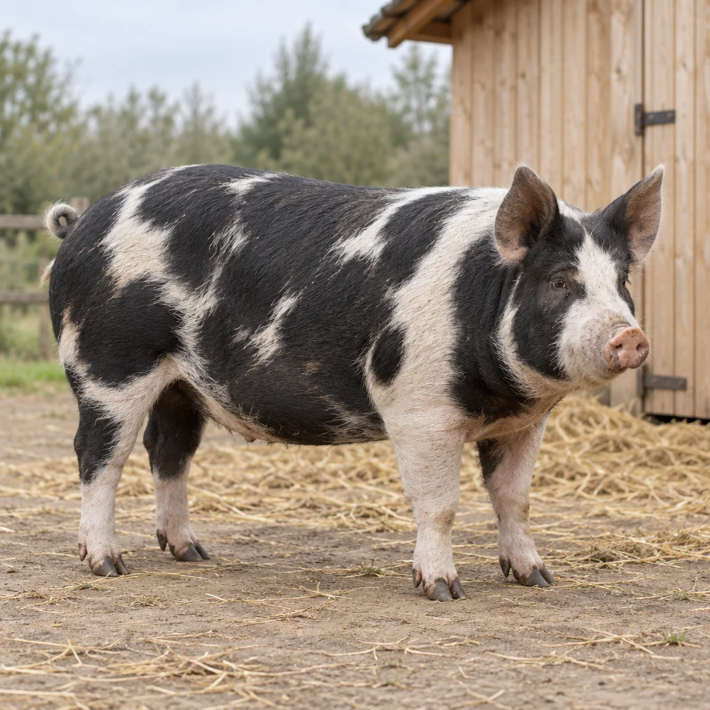 Un cochon adulte tacheté de noir et de blanc se tient sur de la paille et de la terre, avec ses quatre pattes visibles, devant une grange en bois.