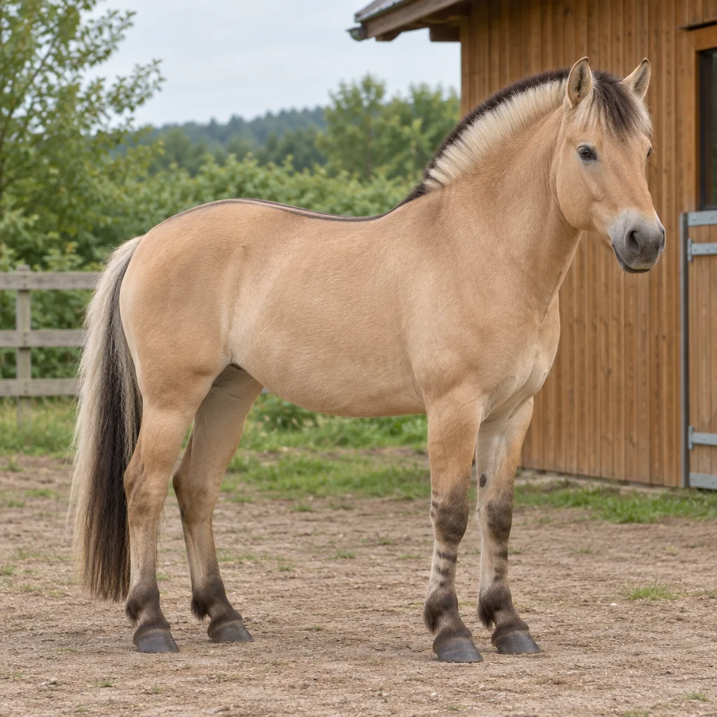 Cheval à la robe couleur sable, avec une courte crinière bicolore dressée, debout près d’une écurie en bois, les quatre sabots visibles.
