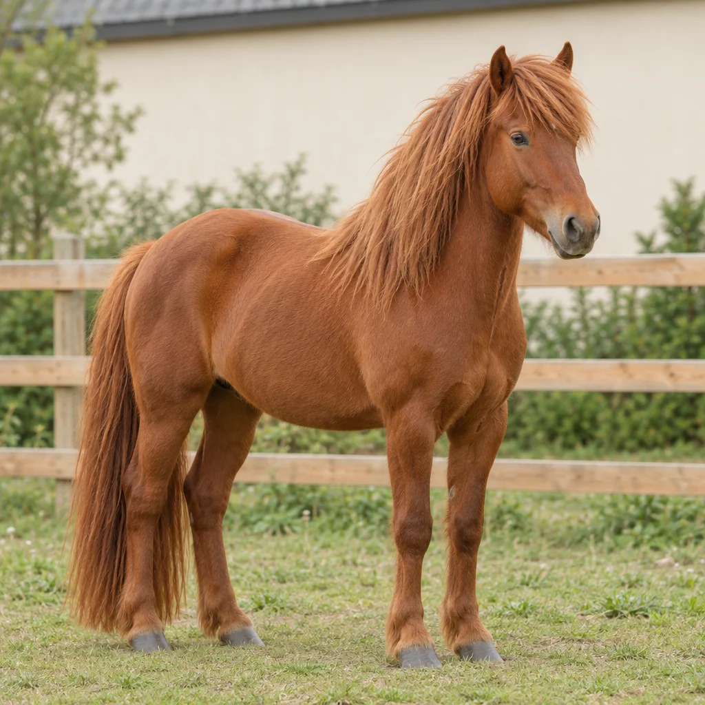 Cheval roux aux longs crins et à la longue queue dans une prairie, devant une clôture en bois.