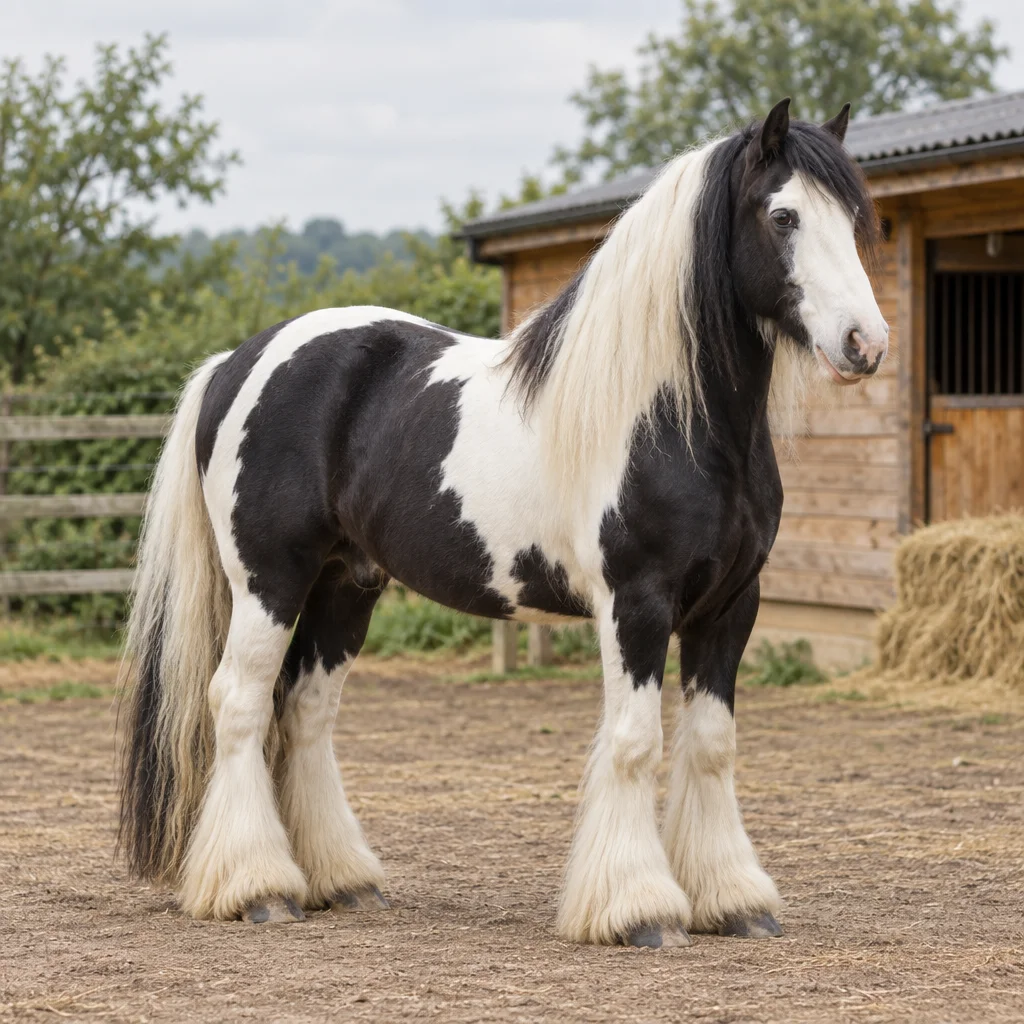 Cheval pie noir et blanc, à la longue crinière, à la queue fournie et aux fanons abondants, devant une écurie en bois.