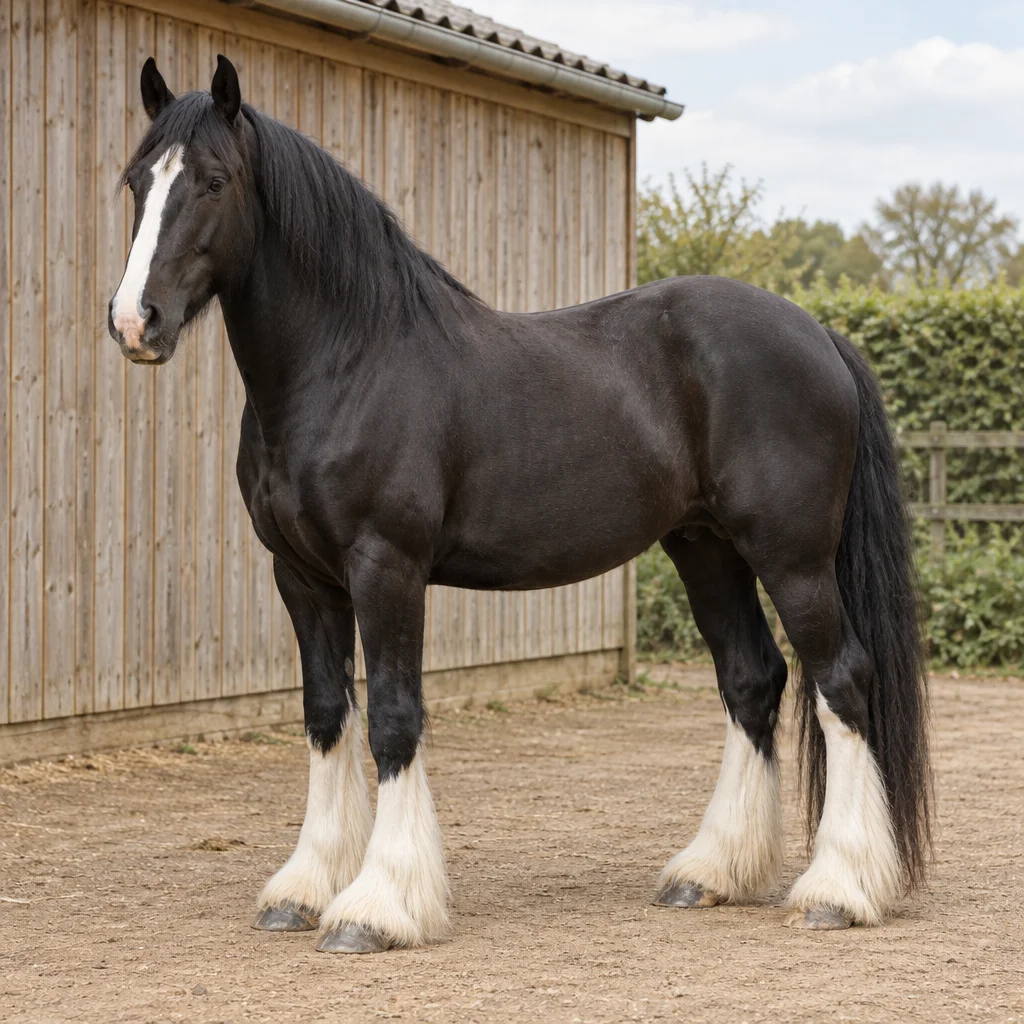 Un grand cheval noir avec une liste blanche et des poils blancs autour du bas des membres se tient devant une écurie en bois.