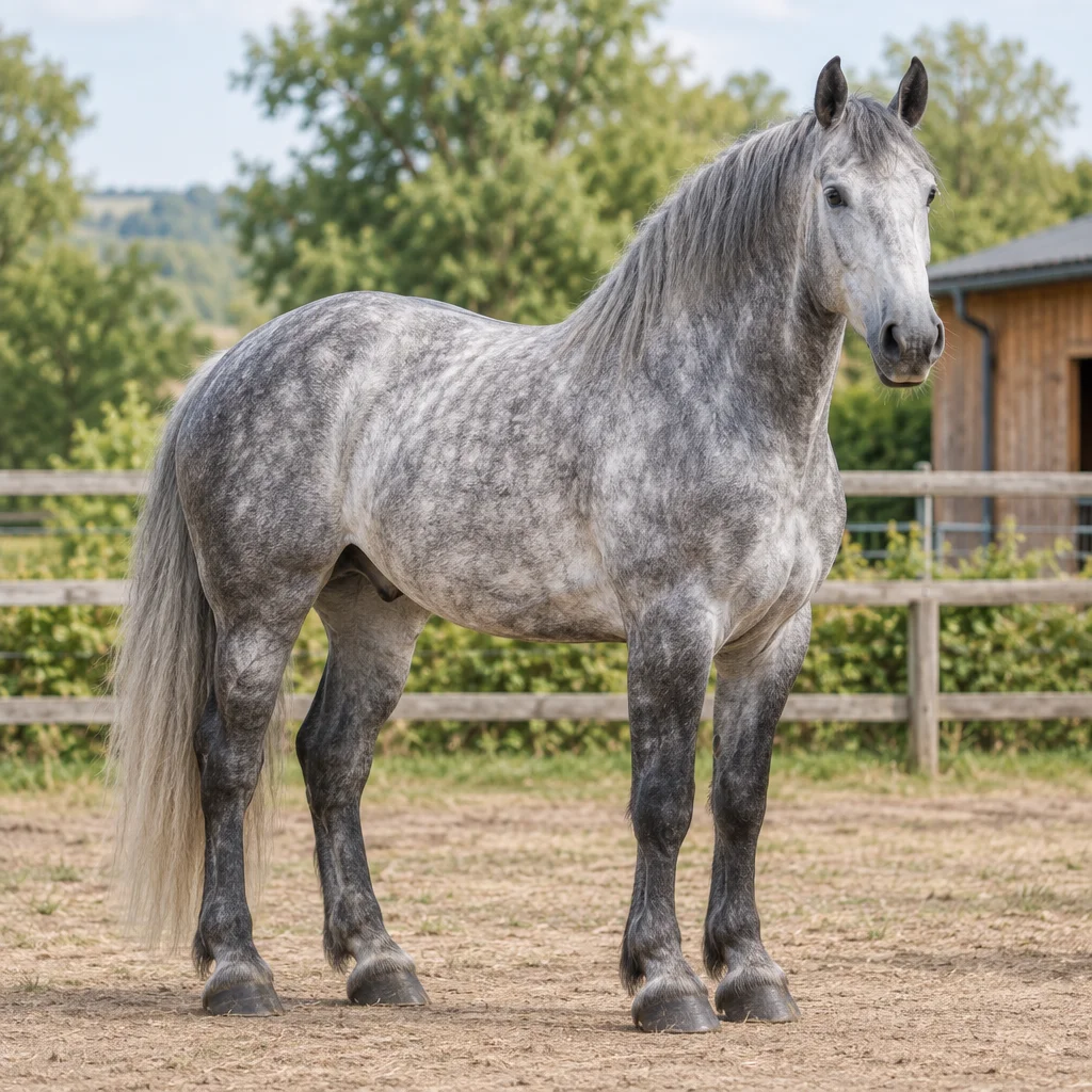 Grand cheval gris pommelé, visible en entier, dans un paddock devant une clôture en bois et une écurie.