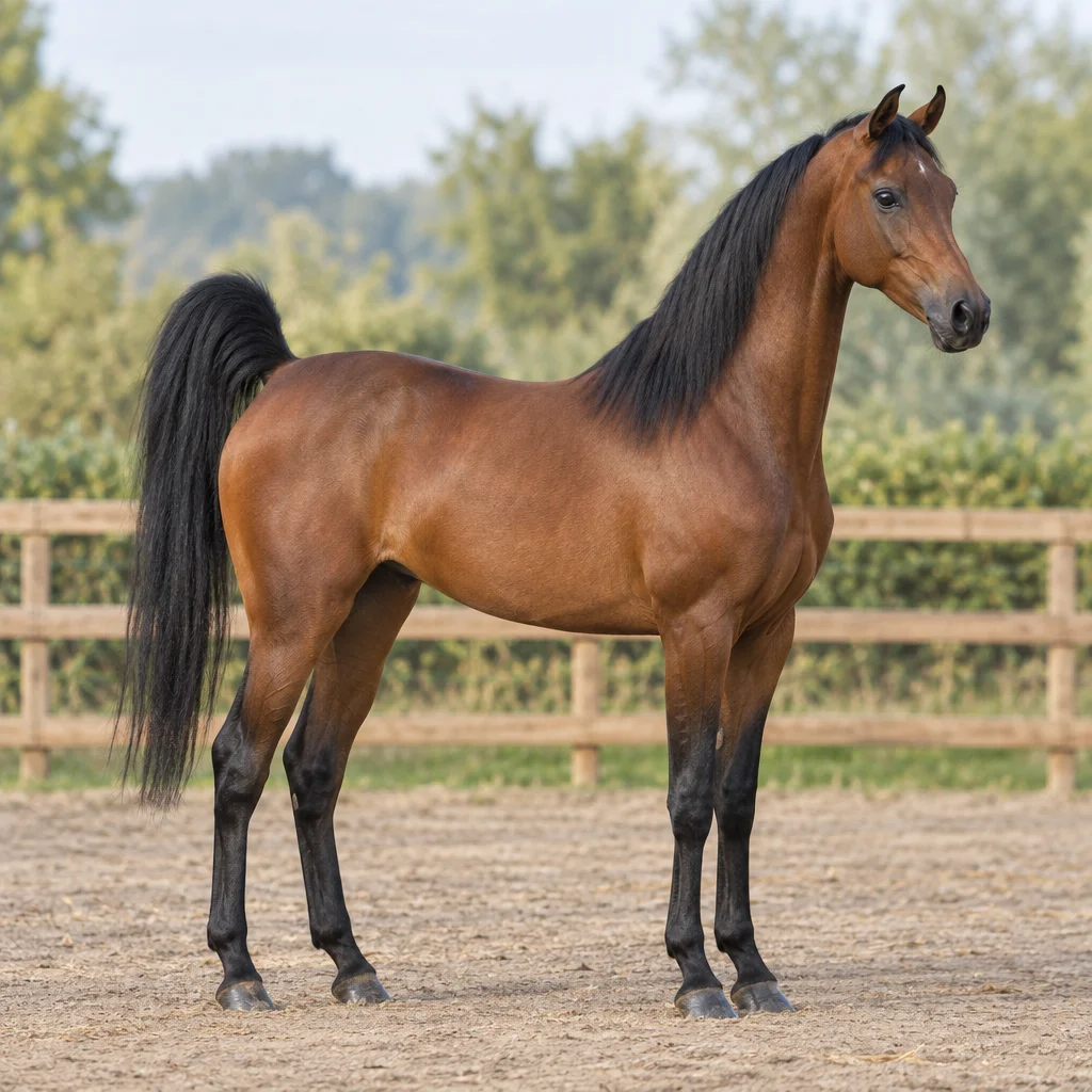 Un cheval bai à la crinière et à la queue noires, visible en entier dans un paddock clôturé.