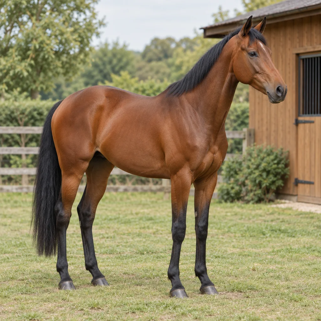 Cheval bai aux crins et aux membres inférieurs noirs, dans un paddock à côté d’une écurie en bois.