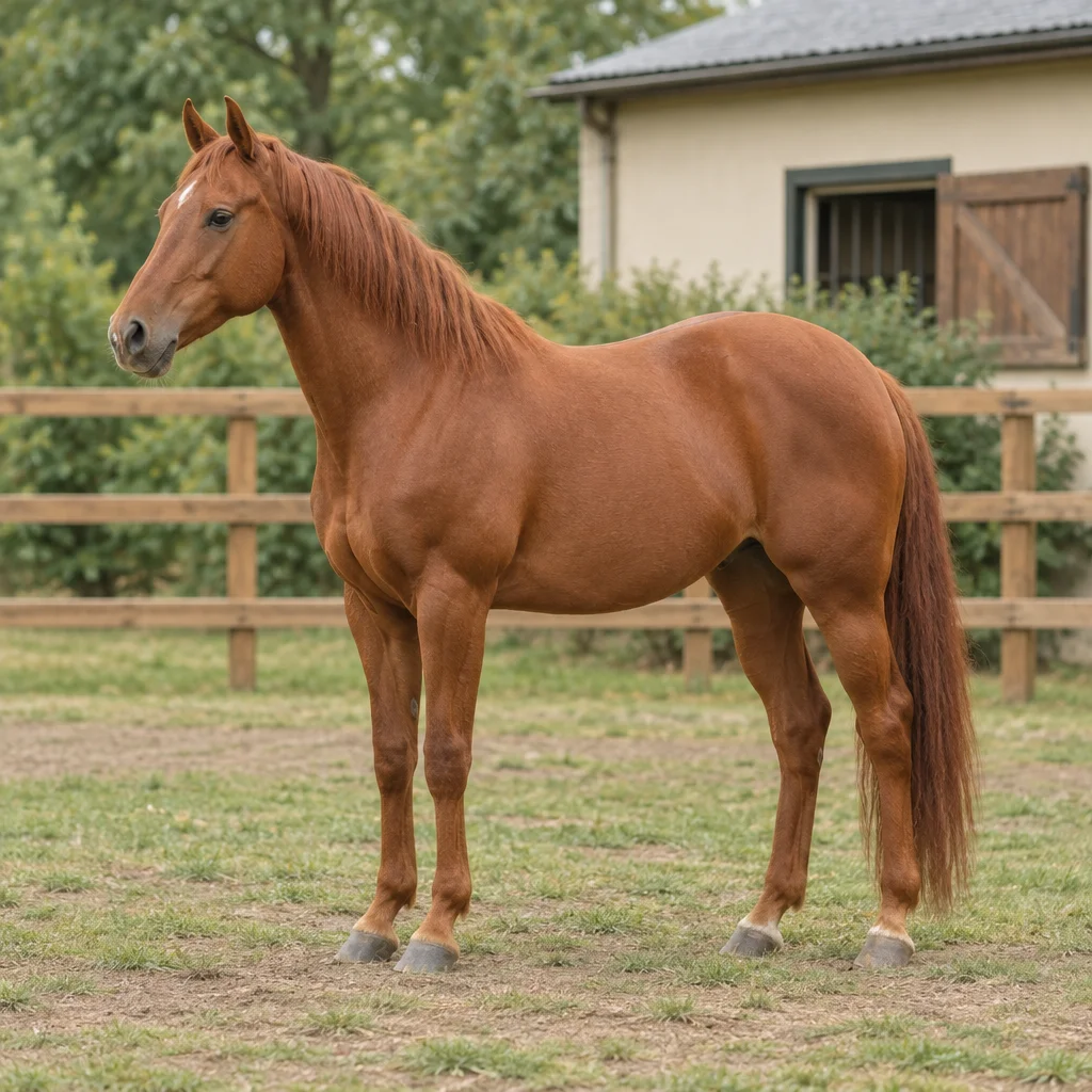 Cheval alezan aux crins roux, visible en entier dans un paddock clôturé.