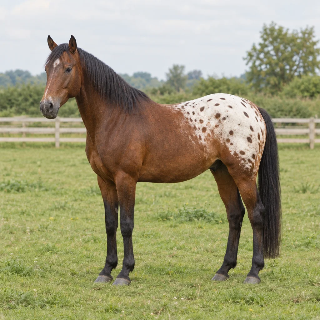 Cheval brun à la croupe blanche tachetée de noir, debout dans un pré, ses quatre sabots visibles.