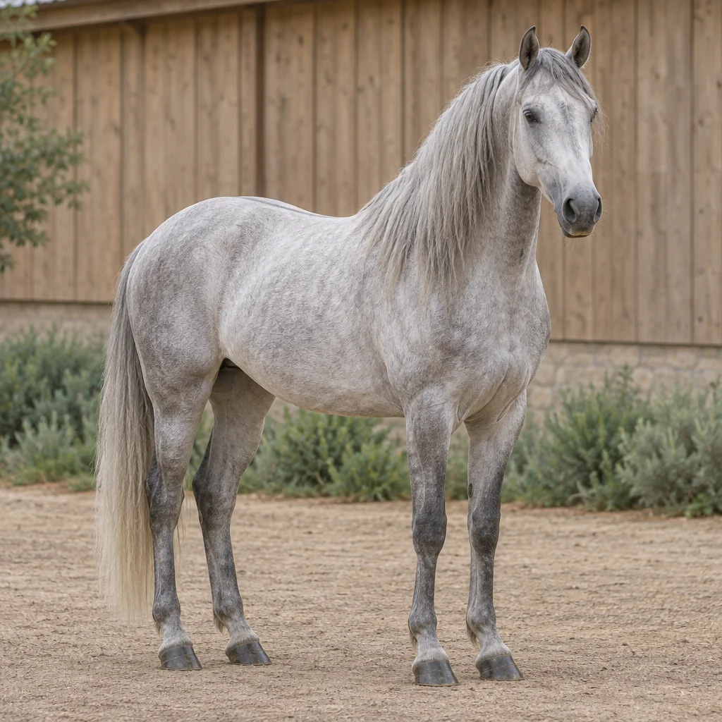 Un cheval gris adulte se tient dans une cour, le corps entièrement visible, devant le mur en bois d’une écurie.