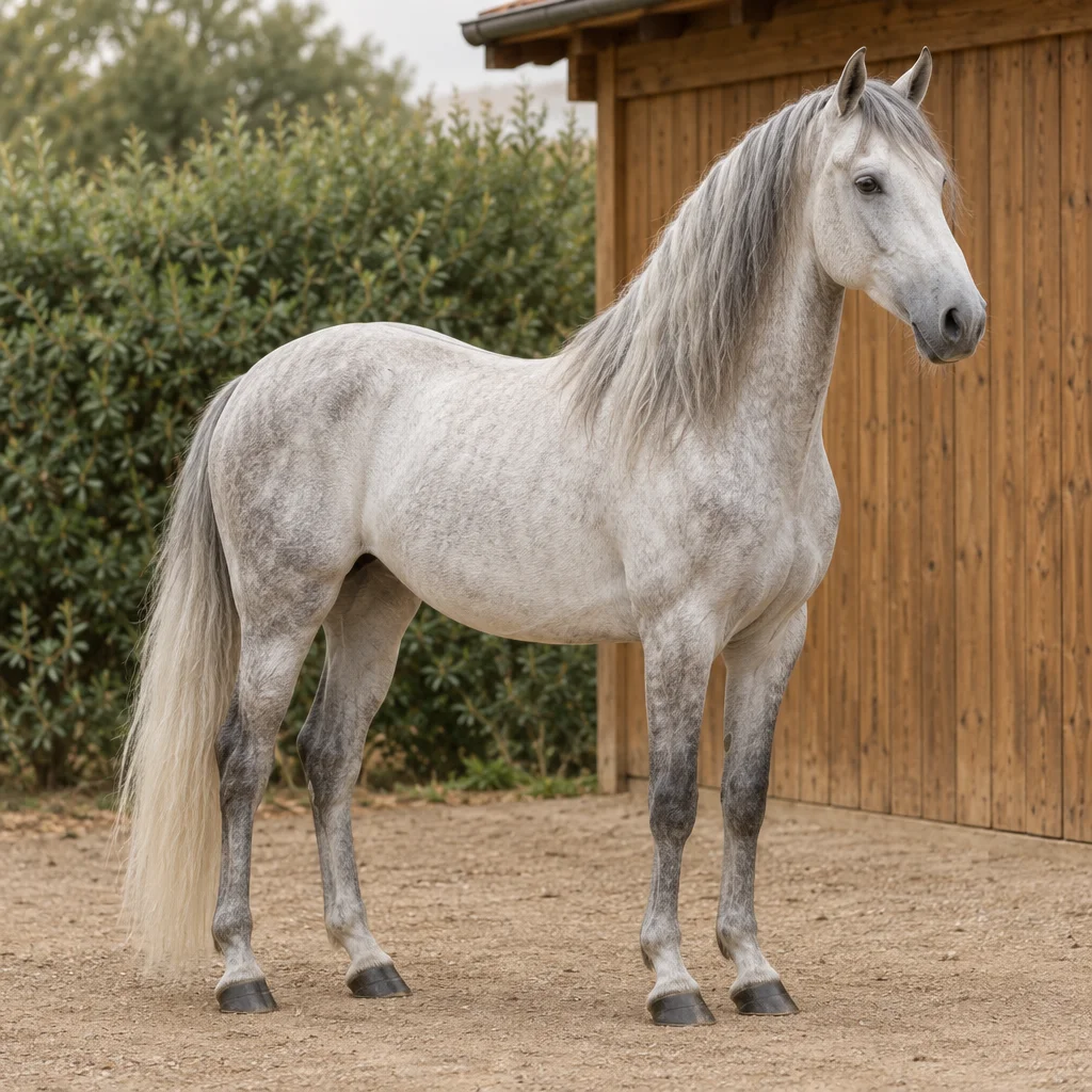 Cheval gris visible en entier dans une cour, devant une écurie en bois et des buissons verts.