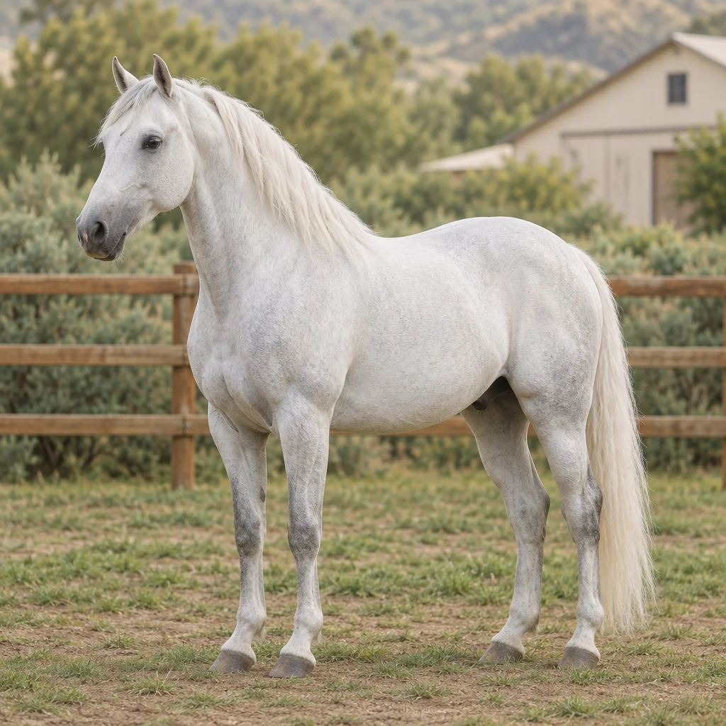 Un cheval gris clair est visible en entier dans un pré clôturé, avec des arbres et un bâtiment en arrière fond.