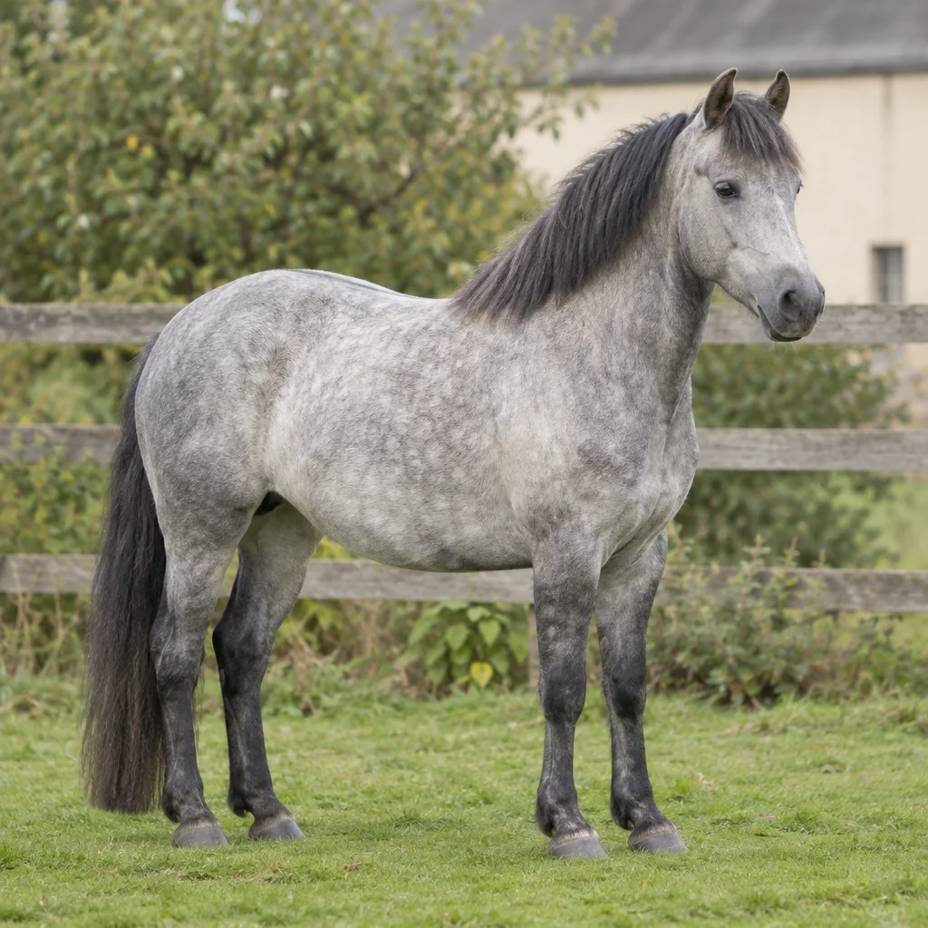 Poney gris à la crinière et à la queue foncées, debout sur l’herbe devant une clôture en bois.
