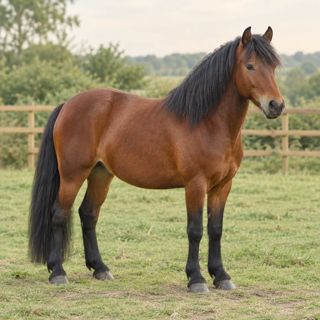 Poney brun aux crins, à la queue et au bas des membres noirs, visible en entier dans une prairie près d’une clôture en bois.