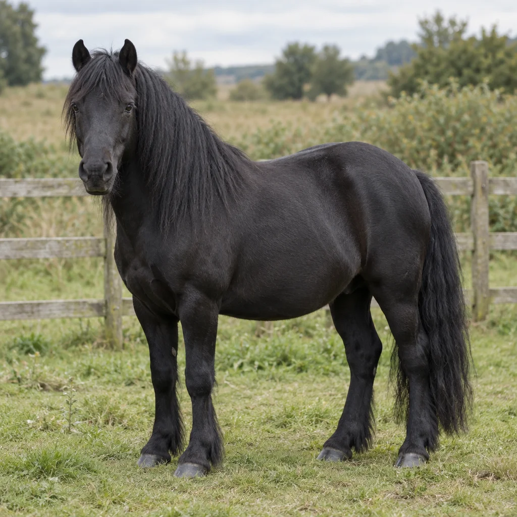 Poney noir à la longue crinière et à la longue queue, debout dans un pré près d'une clôture en bois, ses quatre sabots visibles.