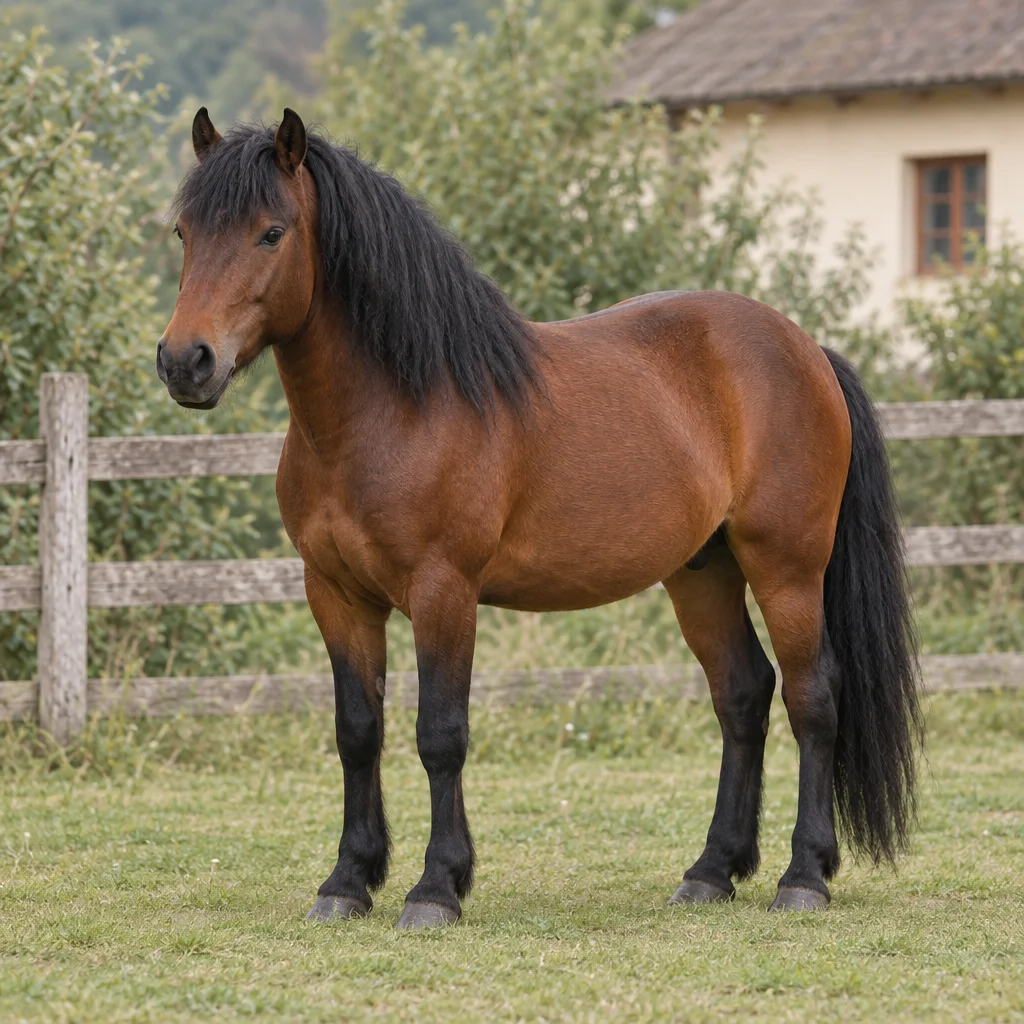 Un cheval brun à la crinière, à la queue et au bas des membres noirs se tient sur l’herbe devant une clôture en bois.