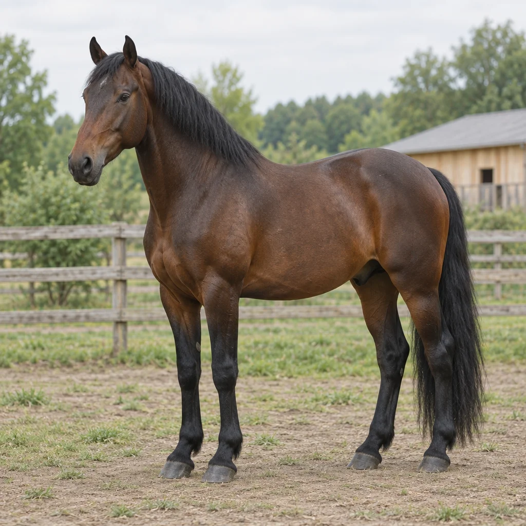 Cheval brun foncé à la crinière et à la queue noires, visible en entier dans un paddock clôturé, avec des arbres et une écurie en bois en arrière du paddock.
