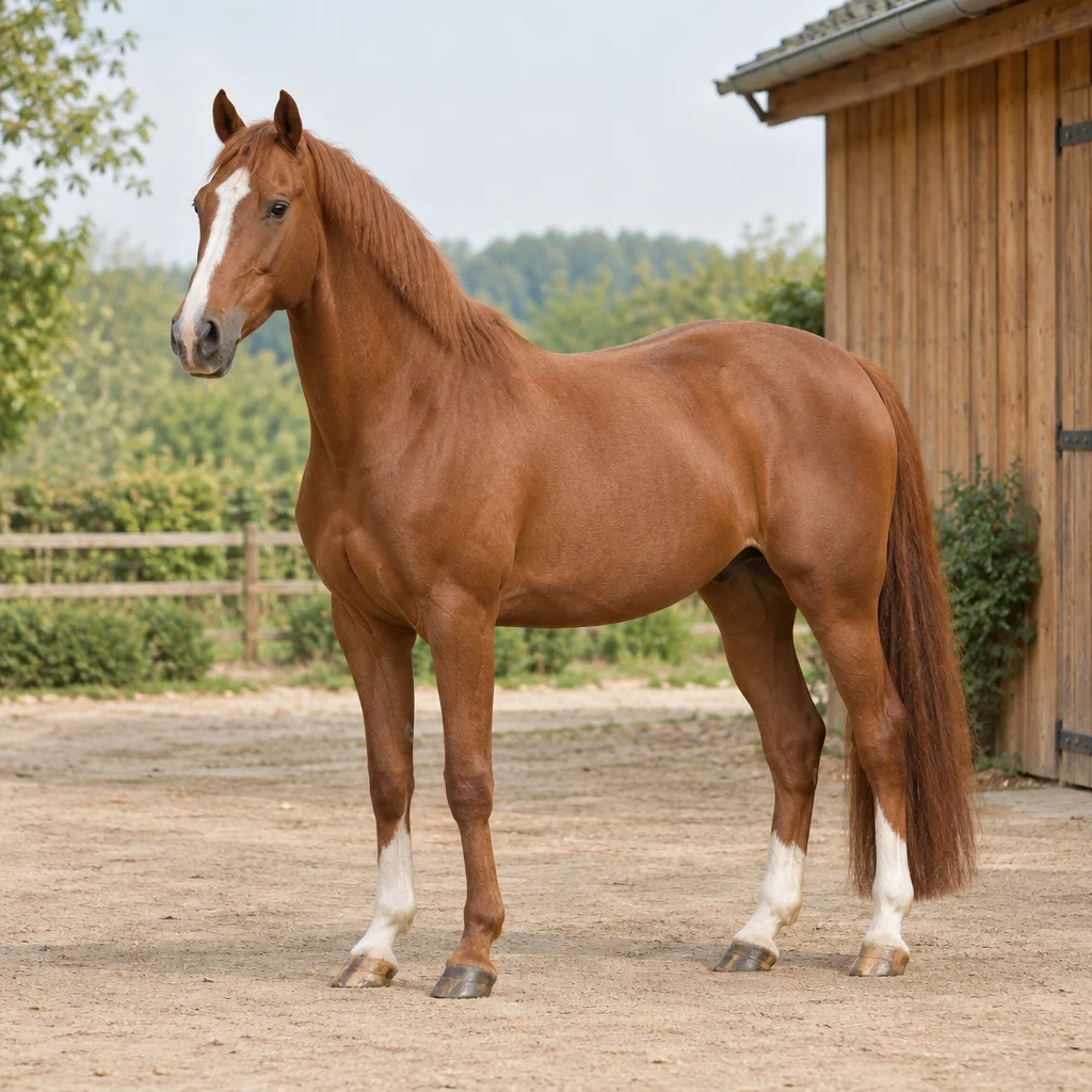 Cheval alezan avec une liste blanche sur la tête et des marques blanches aux membres, entièrement visible dans une cour à côté d’une grange en bois.