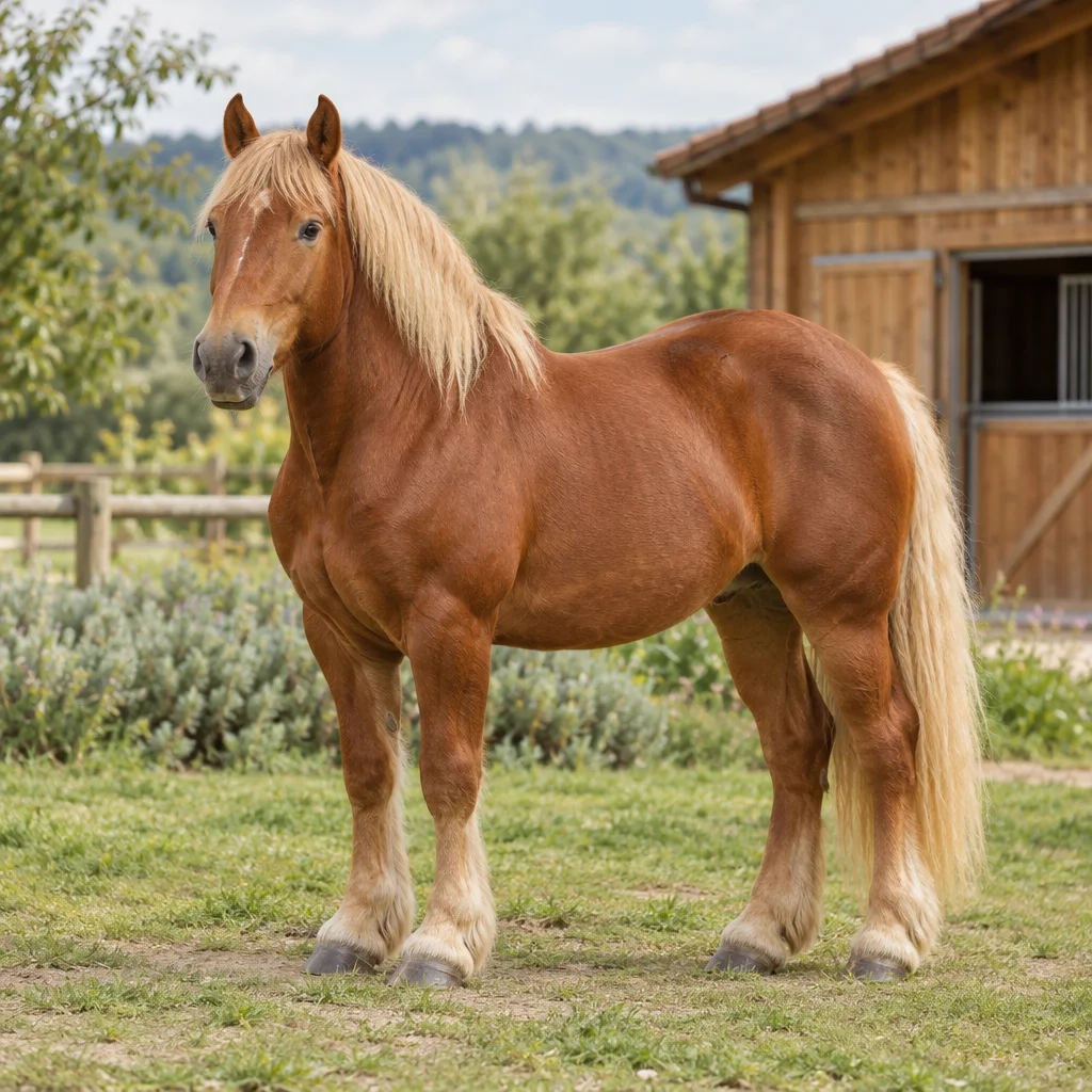 Cheval de trait à la robe cuivrée, avec une crinière et une queue claires, visible en entier devant une écurie en bois.