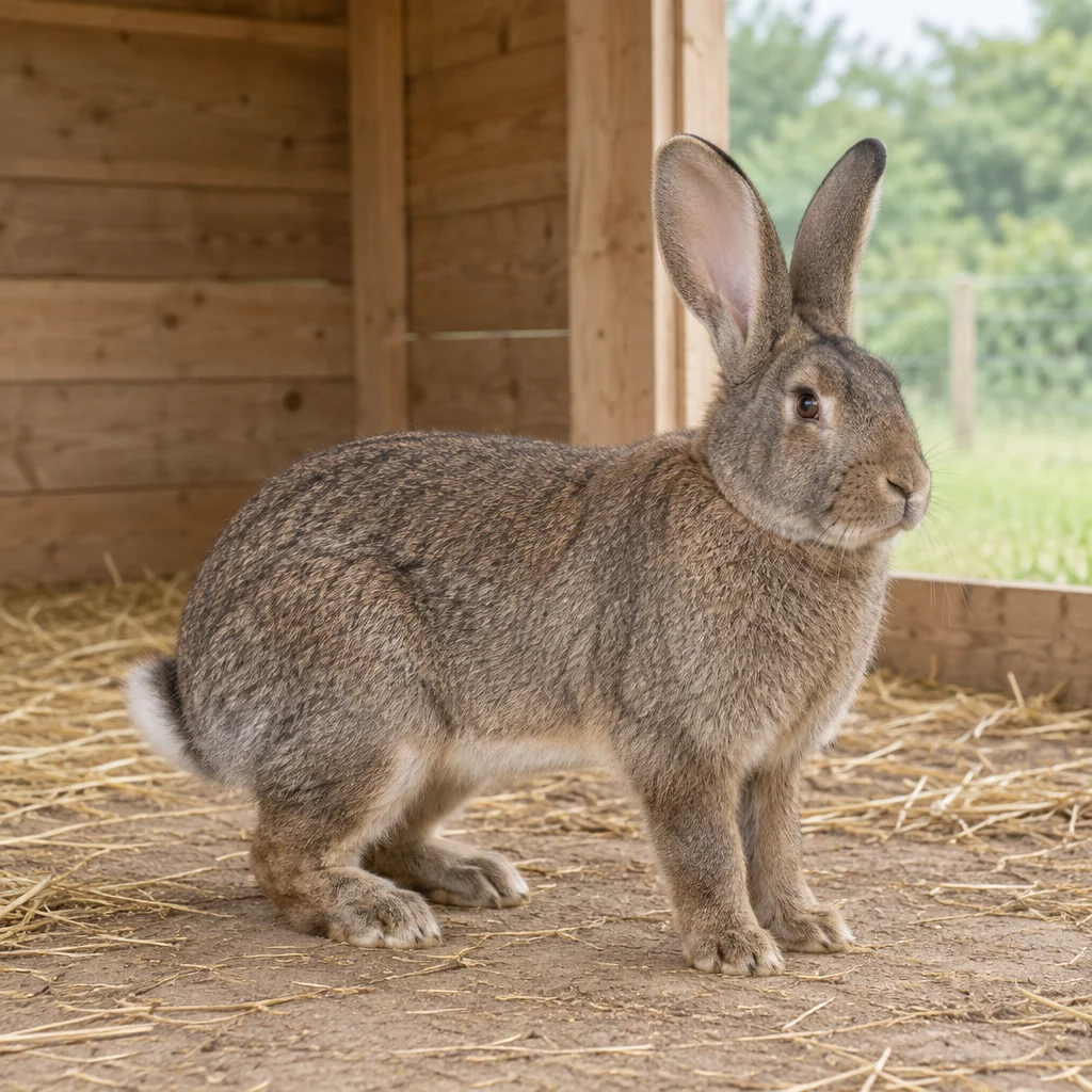 Grand lapin gris brun aux oreilles dressées, entièrement visible sur un sol couvert de paille devant un abri en bois.
