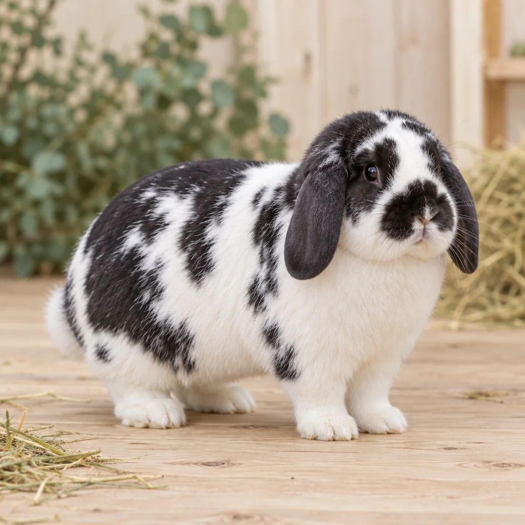 Lapin noir et blanc aux oreilles tombantes, debout avec ses quatre pattes visibles sur un sol en bois, à côté d’un peu de foin.