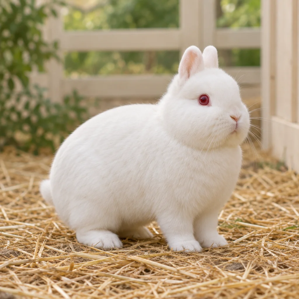 Illustration d’un lapin Hermelijn blanc aux yeux rouges et aux oreilles courtes et dressées, sur de la paille.