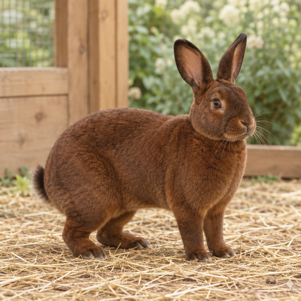 Un lapin brun aux oreilles dressées se tient sur de la paille devant une clôture en bois.
