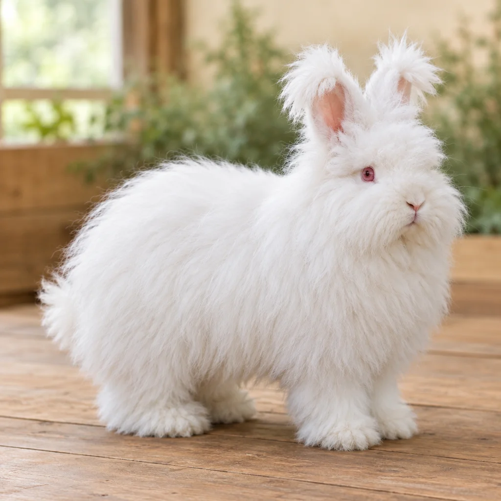Lapin blanc au pelage long et fourni, aux oreilles dressées, sur un sol en bois.
