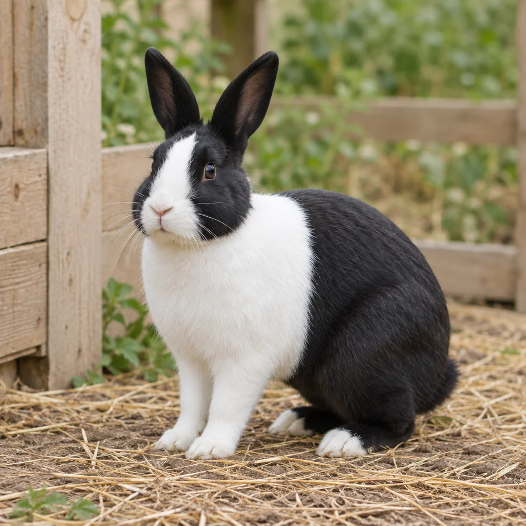 Lapin noir et blanc aux oreilles dressées, avec une liste blanche sur le front et des pattes avant blanches, sur de la paille à côté d'une clôture en bois.