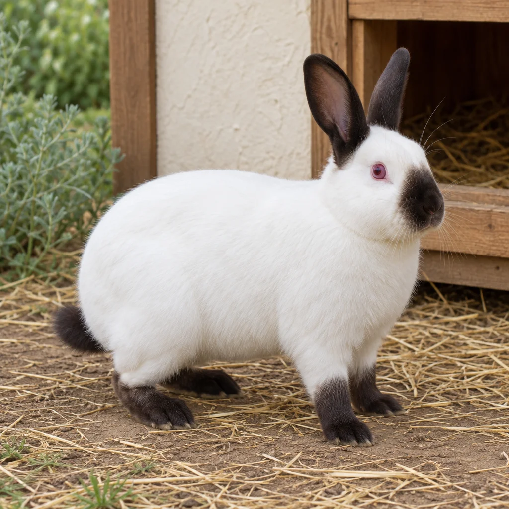 Lapin blanc aux oreilles, au museau, aux pattes et à la queue foncés, avec des yeux roses, debout sur de la paille près d’un abri en bois.
