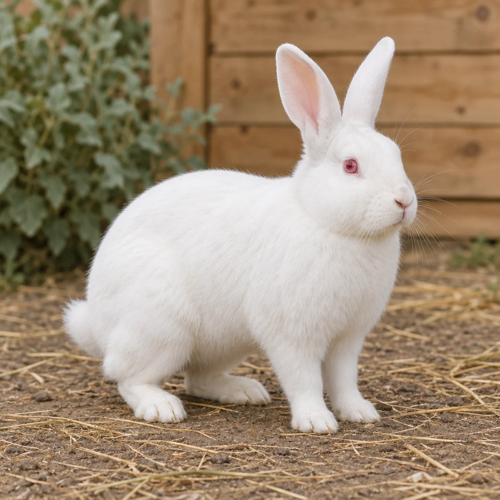 Lapin blanc aux oreilles dressées et aux yeux rougeâtres, visible en entier sur de la terre avec de la paille, devant une paroi en bois.