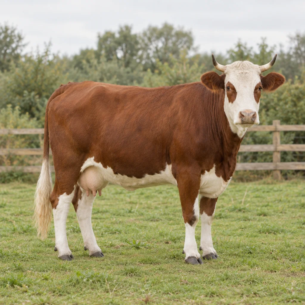 Vache brun roux à tête blanche, avec des taches brunes autour des yeux et le bas des membres blanc, debout dans l’herbe devant une clôture en bois.