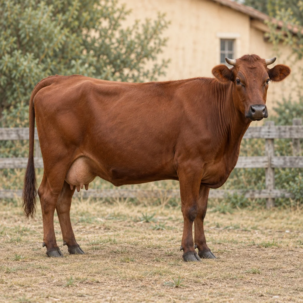 Vache brun roux au museau sombre et aux cornes courtes, entièrement visible devant une clôture en bois.