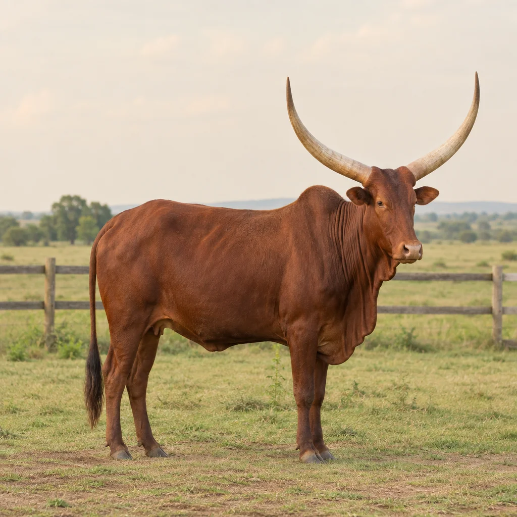 Illustration d’un bovin Ankole brun rouge aux longues cornes incurvées vers le haut, dans un pré herbeux.