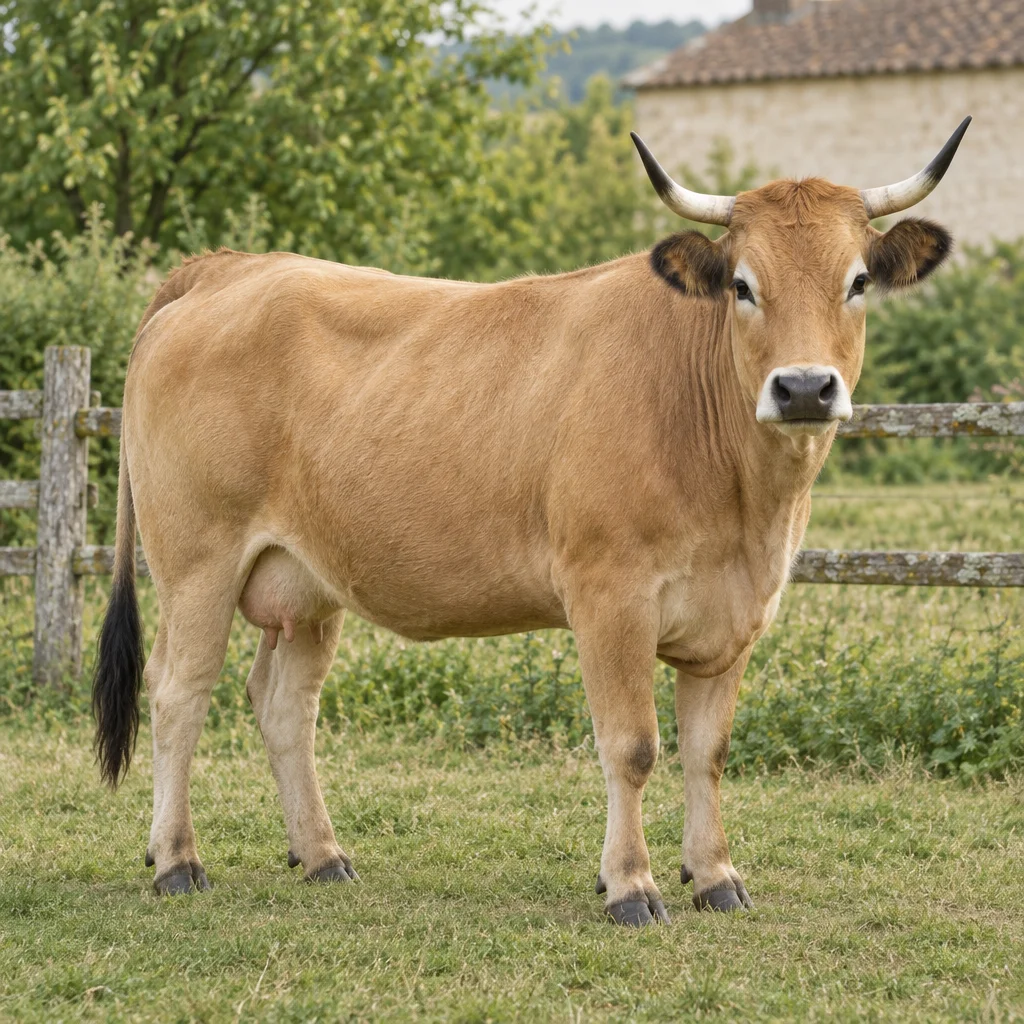 Une vache brun clair aux cornes recourbées vers le haut et au toupet de queue foncé, entièrement visible dans un pré près d’une clôture en bois.