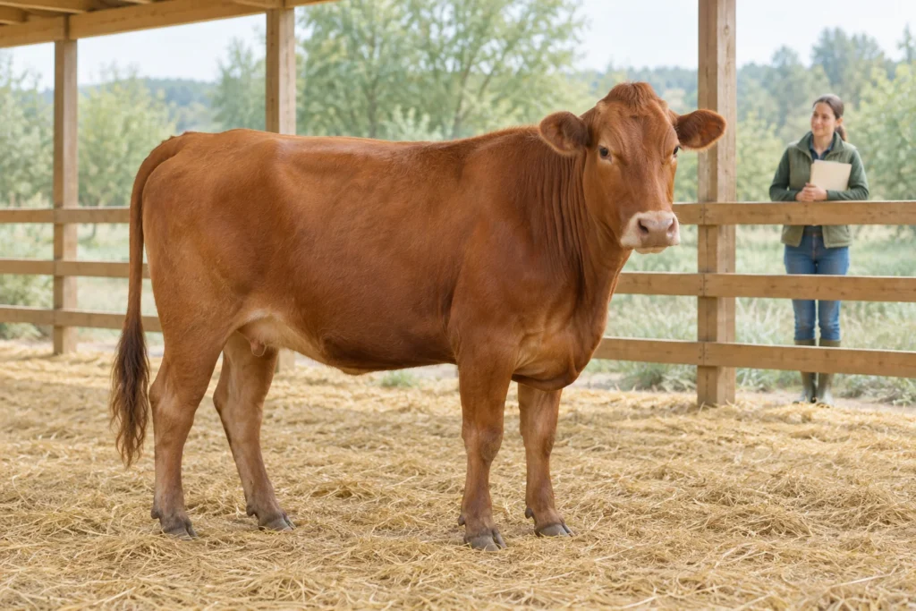 Une vache brune se tient sur de la paille dans une étable ouverte. Derrière une barrière en bois se trouve une personne tenant un dossier fermé.