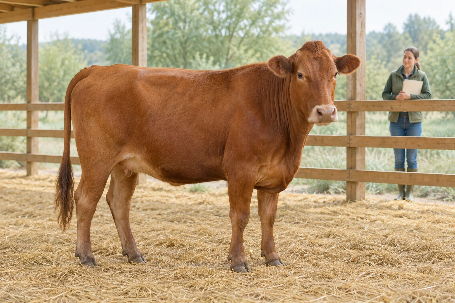 Une vache brune se tient sur de la paille dans une étable ouverte. Derrière une barrière en bois se trouve une personne tenant un dossier fermé.