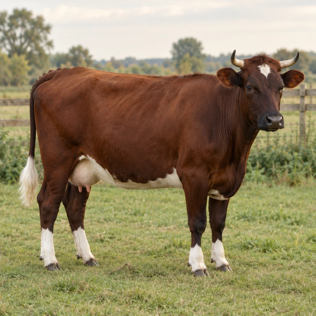 Illustration d’une vache rouge foncé à cornes, avec une marque blanche sur le front, le ventre, le bout de la queue et le bas des membres, dans une prairie.