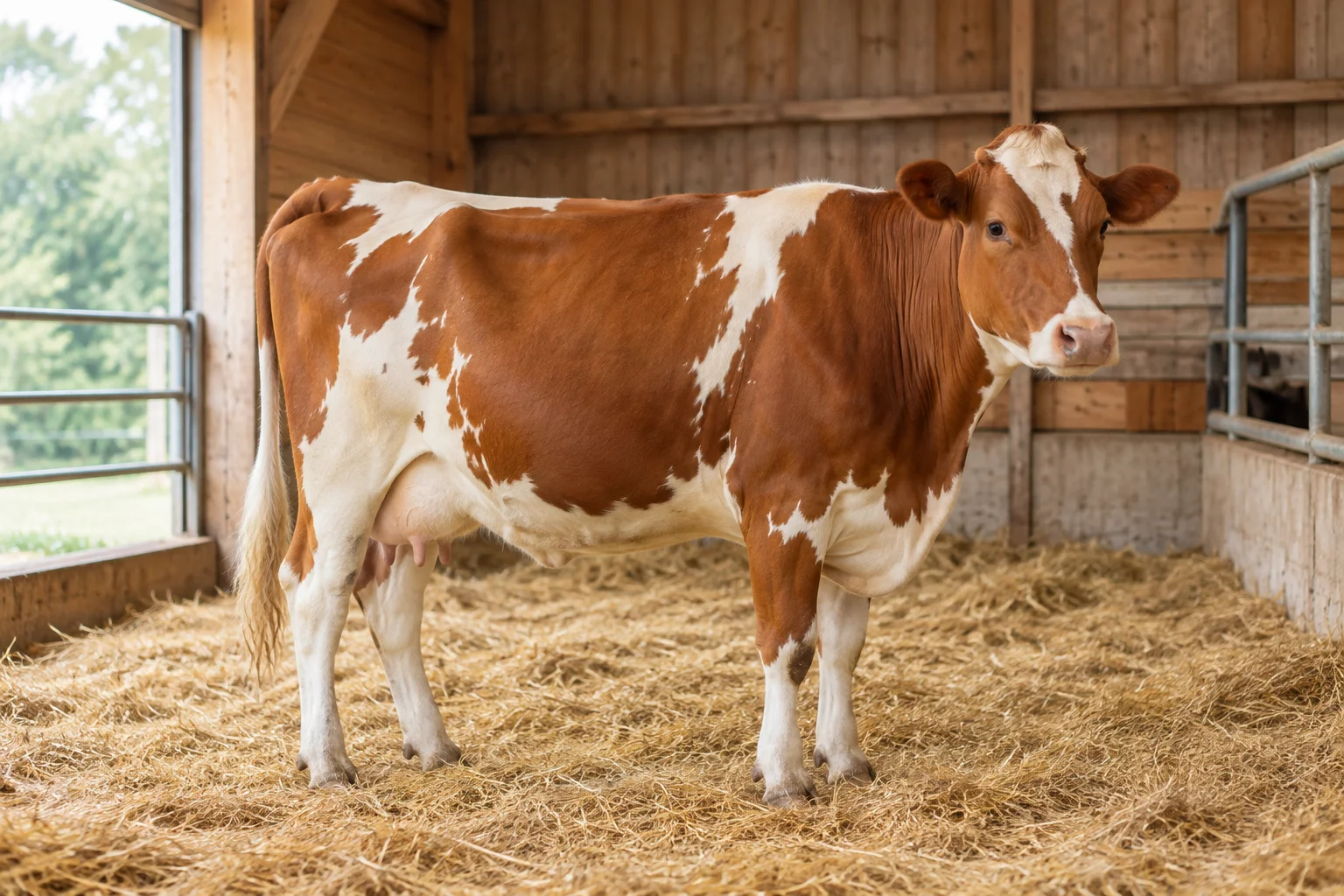 Une vache brune et blanche se tient sur de la paille dans une étable.