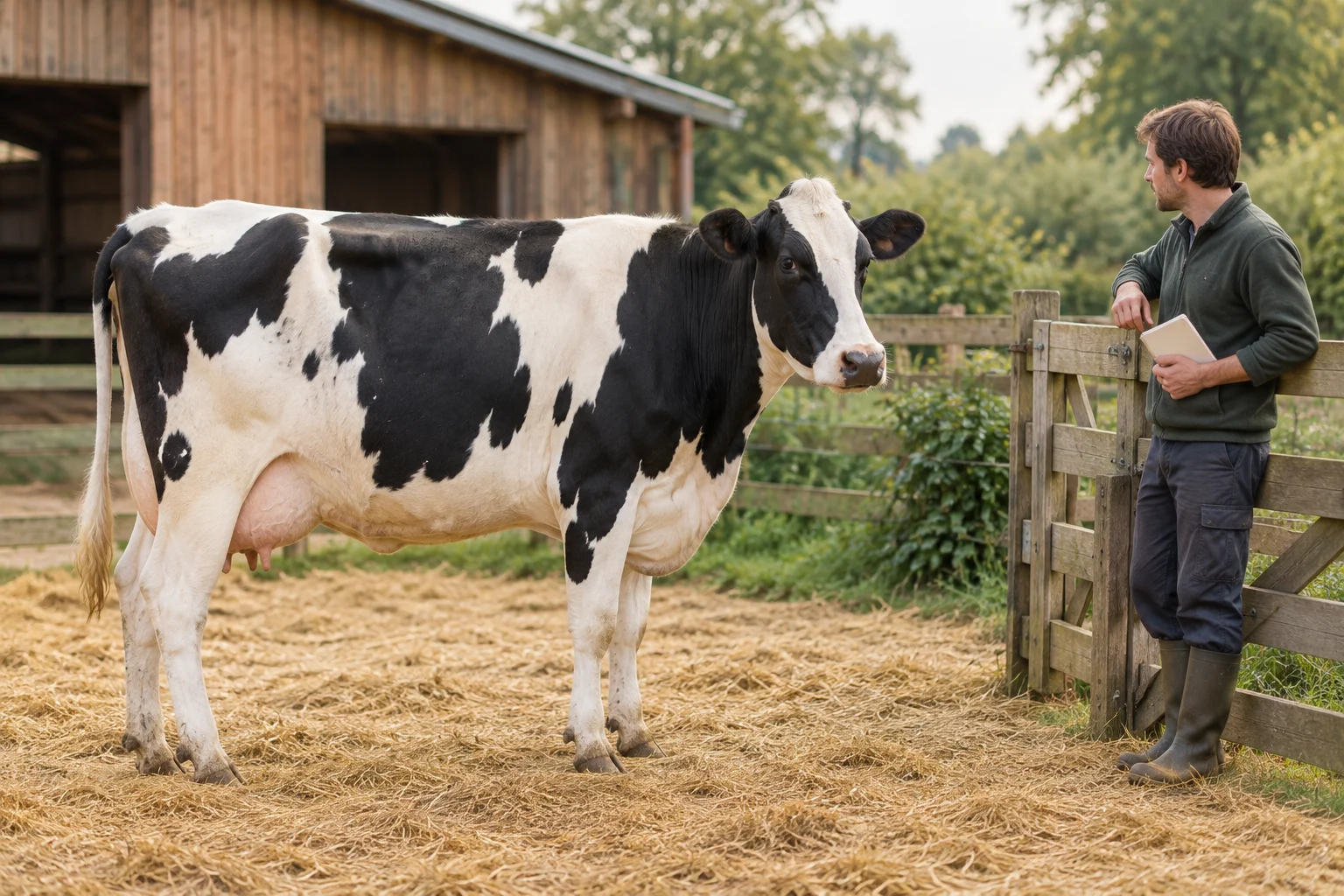 Une vache pie noire se tient sur de la paille près d’une barrière en bois, tandis qu’un éleveur l’observe avec un carnet fermé.
