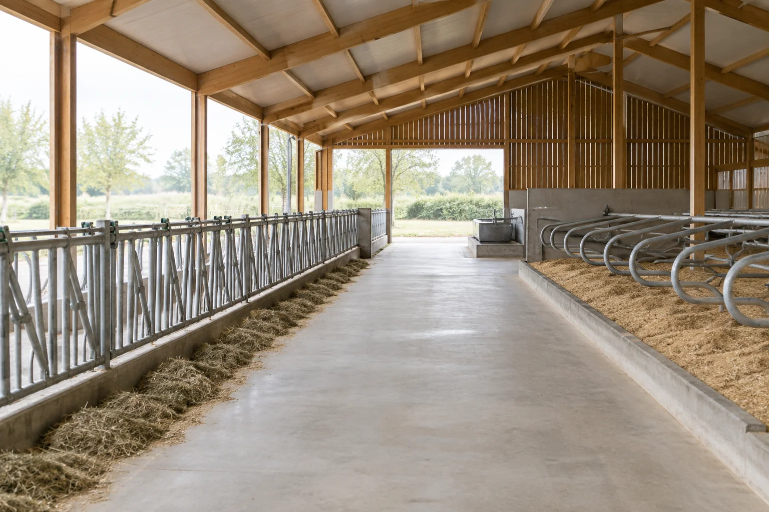 Intérieur d’un bâtiment pour bovins vide, avec une charpente en bois, un cornadis, des logettes et une allée centrale en béton.