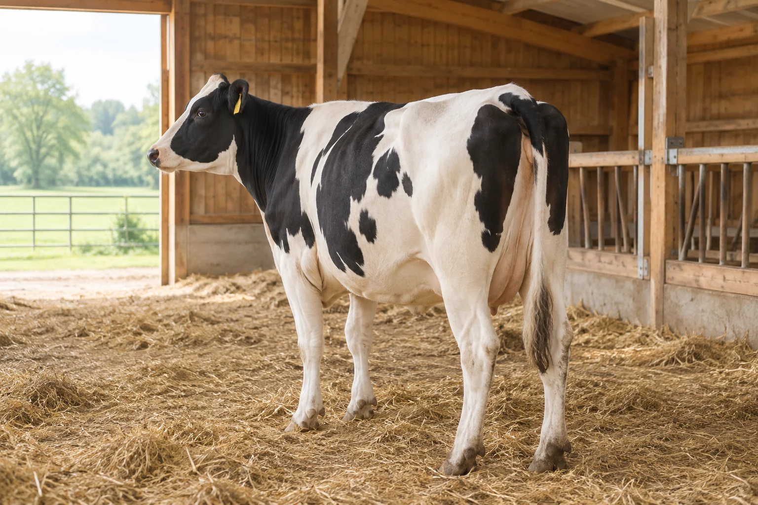 Vache pie noire debout sur de la paille dans une étable en bois, vue de trois quarts arrière.