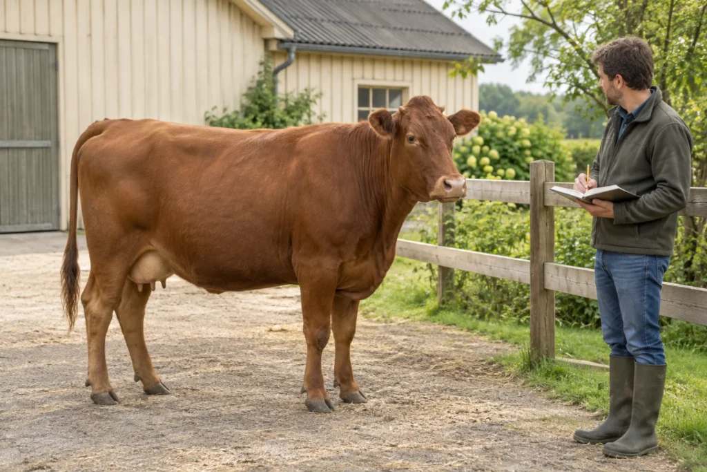 Vache brune près d’une cour de ferme, à côté d’un homme qui prend des notes dans un carnet.