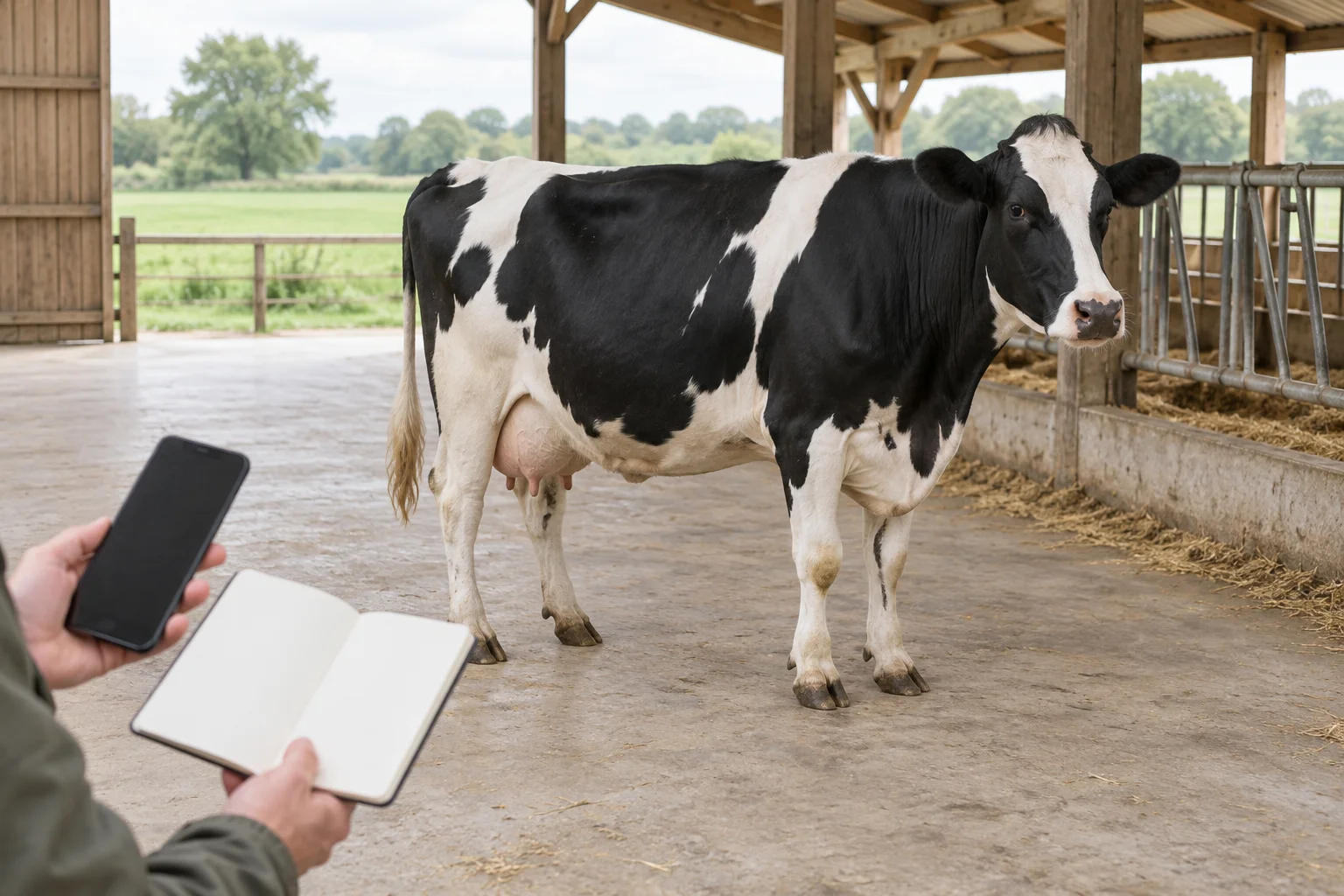Vache noire et blanche dans une étable ouverte, avec au premier plan des mains tenant un carnet de notes vierge et un téléphone.