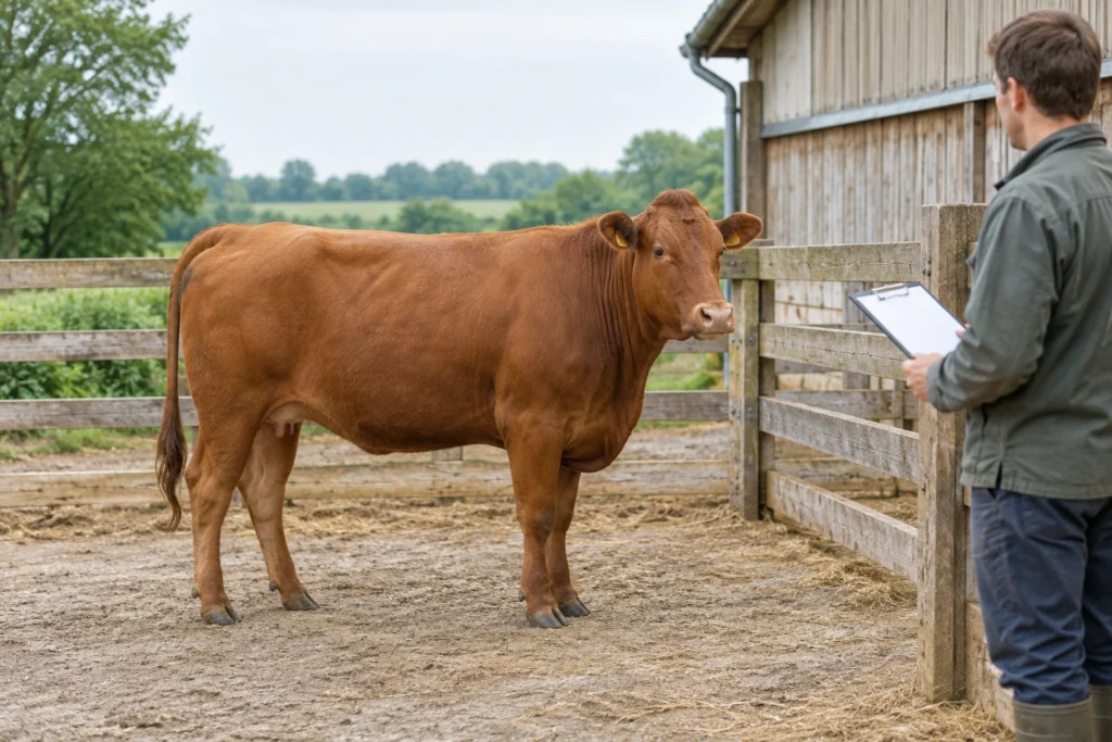 Une vache rousse se tient dans un enclos extérieur tandis qu’une personne tenant un porte documents vide l’observe depuis la clôture.