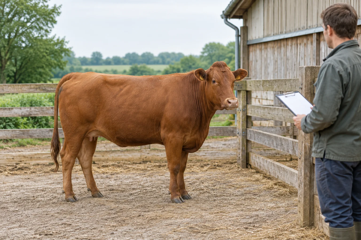 Une vache rousse se tient dans un enclos extérieur tandis qu’une personne tenant un porte documents vide l’observe depuis la clôture.