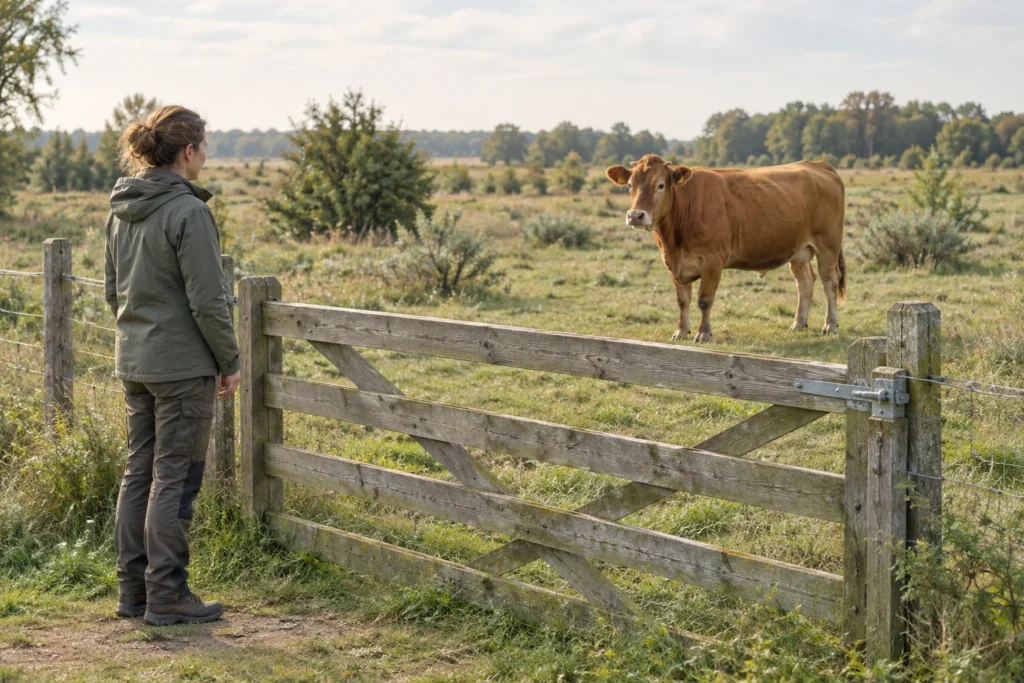 Une personne se tient près d’un portail en bois fermé et regarde une vache brune dans une prairie bordée d’arbustes.