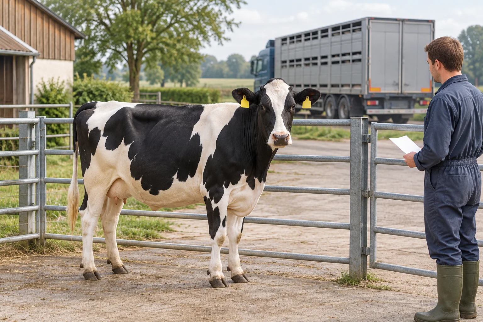 Vache pie noire portant des boucles auriculaires jaunes près d’une barrière, avec un employé et un camion de transport de bétail au fond de l’image.
