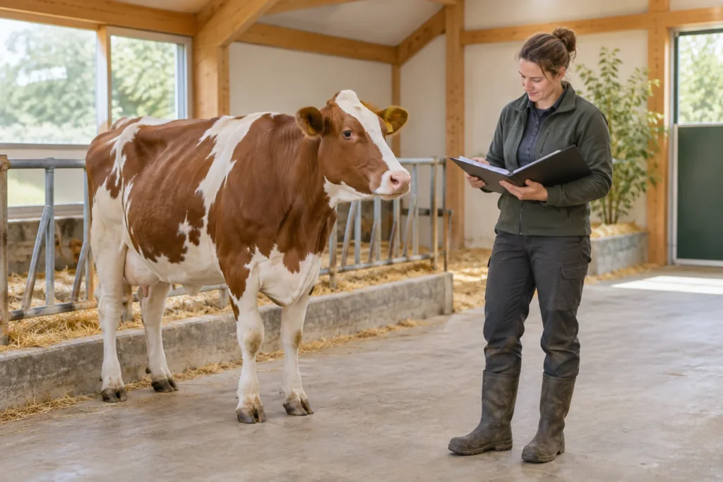 Une femme consulte des documents dans un classeur à côté d’une vache pie rouge dans une étable.